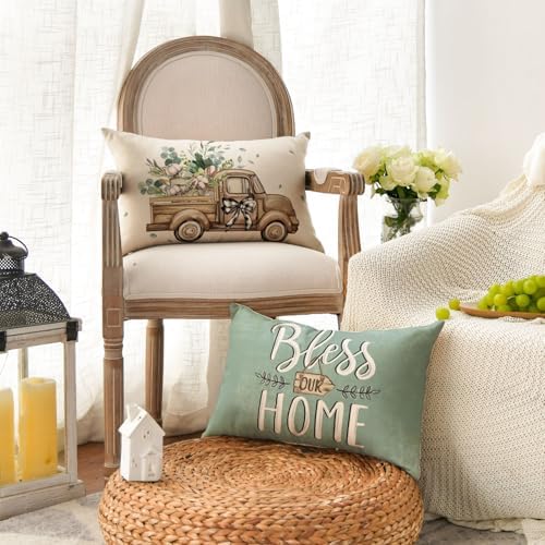 AVOIN colorlife Bless Our Home Farmhouse Eucalyptus Leaves Throw Pillow Covers, 12 x 20 Inch Blue Truck Home Sweet Cushion Case Decorations Set of 4 - Image 4