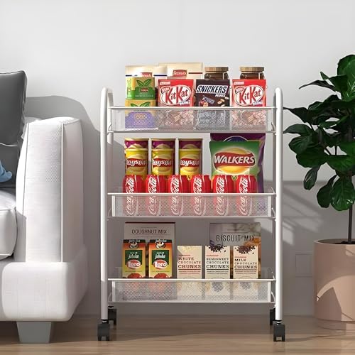 Storage Carts 3-Tier, Metal Utility Rolling Cart with Wheels, Snack Shelves, Fruit Basket Stand for Living Room, Kitchen, Office, with 360° Wheels & Hooks, White - Image 5
