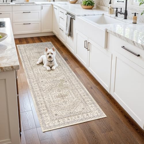2x5 Washable Hallway Runner Rug - Non-Slip Vintage Throw Rugs Beige Gray by Puino