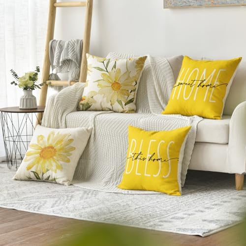 AVOIN colorlife Home Sweet Home Spring Summer Flowers Yellow Throw Pillow Covers, 16 x 16 Inch Cushion Case for Sofa Couch Set of 4 - Image 2