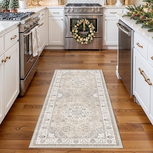 Washable 2x5 Hallway Runner Rug: Vintage Water Resistant Kitchen Entryway Rug Ultra Soft Living Room Bedroom Carpet with Non Slip Backing Indoor Low Pile Floor Mat for Bathroom Dining Room(2X5,Beige) - Image 2