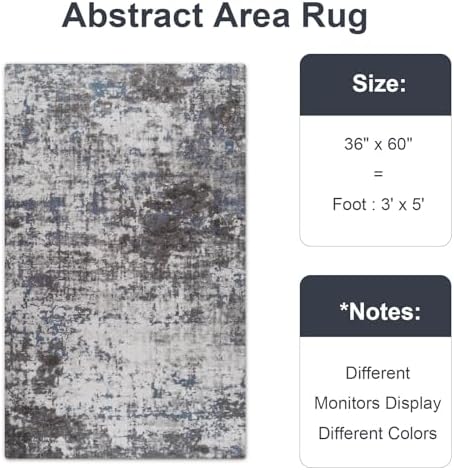 Modern Abstract 3x5 Rug, Non Slip Entryway Rug, Soft Machine Washable Rugs for Indoor Entry, Low Pile Stain Resistant Distressed Rug for Living Room, Bedroom, Dark Grey Blue - Image 2