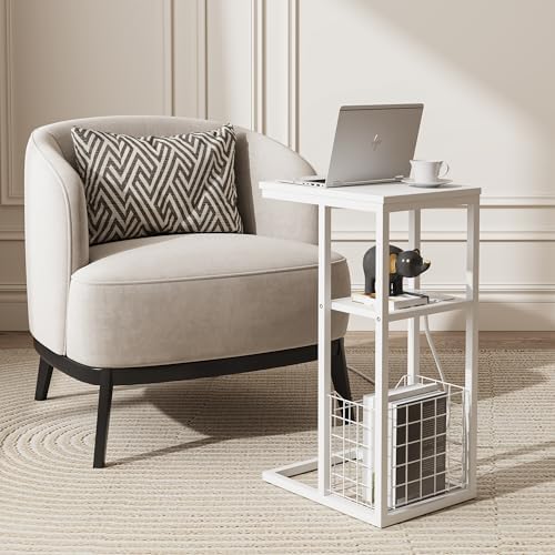 Vagusicc C Shaped End Table with Charging Station, Side Table for Couch, Small Side End Table for Small Spaces, 28" High Slide Under Sofa Table for Coffee, Tv Tray Table for Living Room, White - Image 7