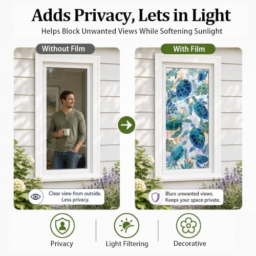Window Privacy Film 17x 39in Static Cling Window Film Sea Turtle Tropical Leaf Ocean Stained Glass Pattern Light Filtering Nautical Covering Summer Removable for Bathroom Living Room Bedroom - Image 3