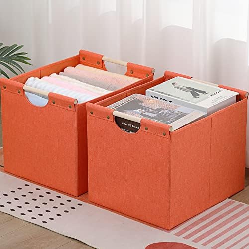 HOONEX Large Collapsible Storage Bins, Linen Fabric, Pack of 2, Storage Baskets with Wooden Carry Handles and Sturdy Heavy Cardboard, for Home, Office, Car, Nursery, Orange - Image 3