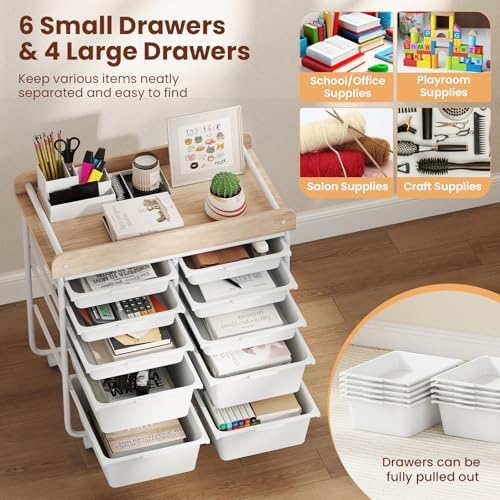 Giantex Rolling Storage Cart with 10 Drawers, Utility Cart w/Wooden Tabletop, Handle, Lockable Wheels, Multipurpose Organizer for Art Craft Scrapbooks Paper, Drawer Carts for Dorm School Office, White - Image 6