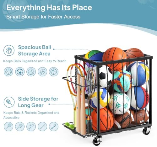 TomCare Garage Ball Storage Rack, Rolling Sports Cart with Lockable Wheels - Image 3