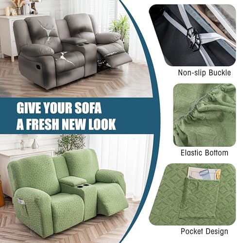 Genina Waterproof Recliner Loveseat Cover,2 Seat with Console,Matcha Green - Image 5