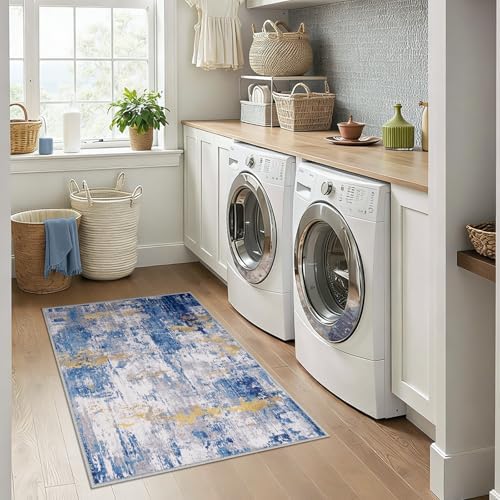 RELEANY Washable 3'x4' Abstract Area Rug for Living Room Blue Gold - Image 2