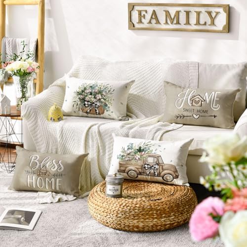 AVOIN Colorlife Bless Our Home Farmhouse Eucalyptus Leaves Throw Pillow Covers, 12 x 20 Inch Truck Sweet Home Cushion Case Decorations Set of 4 - Image 2