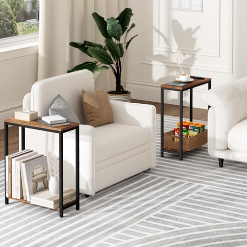 SLEEPING LAMB Narrow End Tables Living Room Set of 2 Small Side Table for Small Space, 2 Tier Slim Skinny Night Stand for Bedroom, Couch Beside Nightstands, Rustic Brown and Classic Black - Image 2