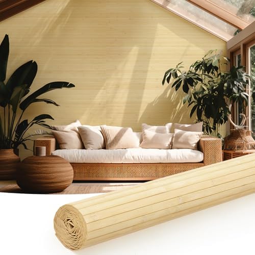 Juexica 1 Pcs Natural Bamboo Wall Panel for Interior Wall 48''x96'' Bamboo Covering Renewable Pole Wainscoting Room Divider Wrap Decor for Bedroom Living Room Kitchen Island Office (Raw) by Juexica