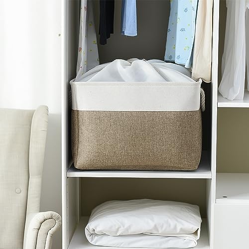 TheWarmHome Organization Basket - 20x16x14 inch Jumbo 3 Pack Collapsible Storage Bins for Shelves, Fabric Storage Cubes for Closet Organizer Gift Toy (White & Khaki) - Image 2