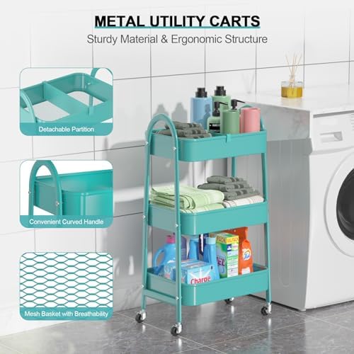 EAGMAK 3 Tier Utility Rolling Cart, Metal Storage Cart with Handle and Lockable Wheels, Multifunctional Storage Organizer Trolley with Mesh Baskets for Kitchen, Living Room, Office, Garage (Turquoise) - Image 2
