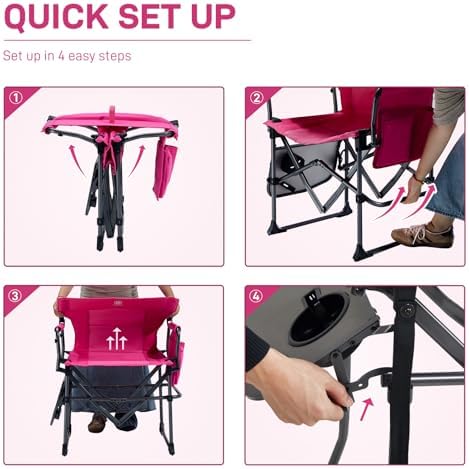 EVER ADVANCED Camping Directors' Chair with Side Table, Portable Folding with Compact Size, Heavy Duty Lawn Chair with Pocket for Camping, Lawn, Sports and Fishing, 400lbs, Pink - Image 6