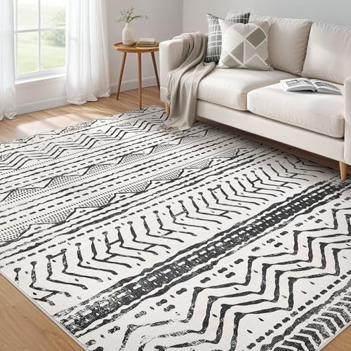 Nakagishi Black Rug for Living Room: 7x9 Washable Boho Large Neutral Soft Farmhouse Area Rugs Stain Resistant Modern Geometric Non-Slip Indoor Floor Carpet for Bedroom Playroom Office Dining Room by NakagishiAreaRug