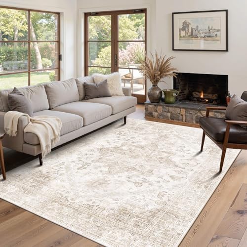 Ivory Cream Rugs, 5x7 Washable Rugs for Living Room, Neutral Beige Carpet - Image 2