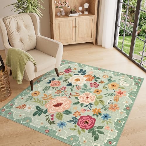 DUKINO 4x4 Square Area Rug, Soft Floral Washable Rug for Entryway, Green - Image 7