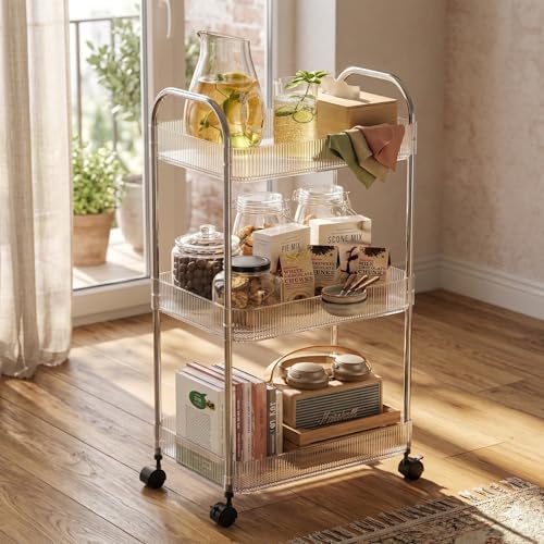 STARLATTA 3 Tier Rolling Cart with Lockable Wheels, Clear Acrylic Utility Trolley with Handle, Heavy-Duty Storage Organizer for Kitchen Bathroom Nursery Laundry - Snack Book Craft Organizer (Clear) by STARLATTA