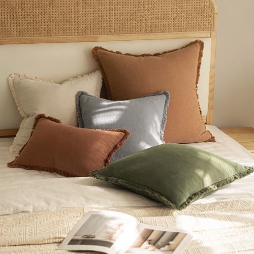 MIULEE Boho Linen Fringe Decorative Throw Pillow Covers Light Grey 18x18 - Image 5