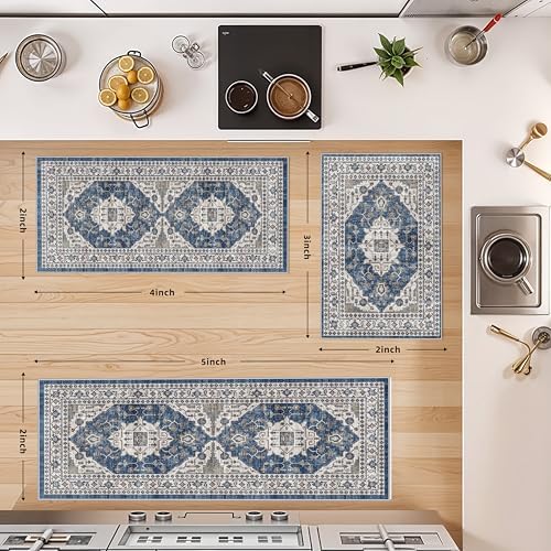 3 Pieces Kitchen Rug Sets: Farmhouse Washable Non-Slip Floor Mat for Sink Stove & Fridge Area Water Resistant Carpet for Laudry Room Entryway Soft Cozy Runners for Kids Pets Family(2x3+2x4+2x5,Blue) - Image 2