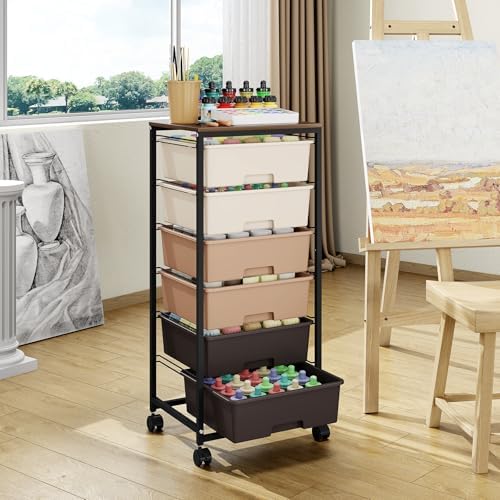 6 Drawer Rolling Storage Cart with Wooden Top and Wheels for Crafts,Brown - Image 2