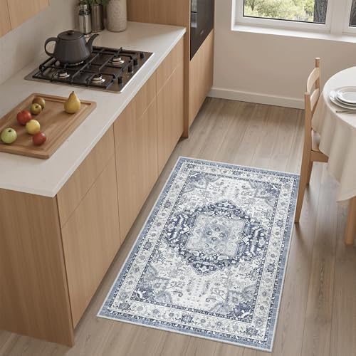 Madane Washable Area Rug 2x3 Small Entryway Rugs Non-Slip, Navy/White by Madane