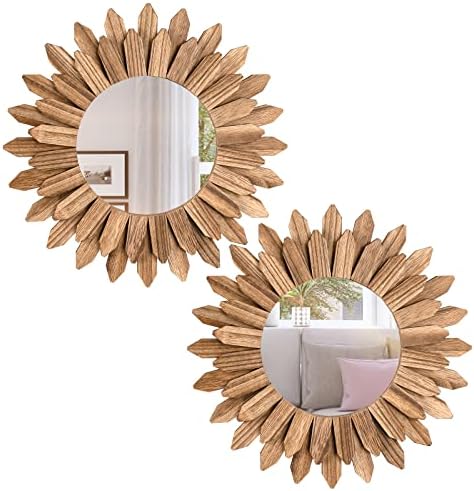 Honiway Boho Wall Decor Mirror 2 Pack Rustic Wood Mirror 12 inch Boho Mirror Home Decor Farmhouse Room Decorations for Bedroom Living Room Carbonized Black by Honiway