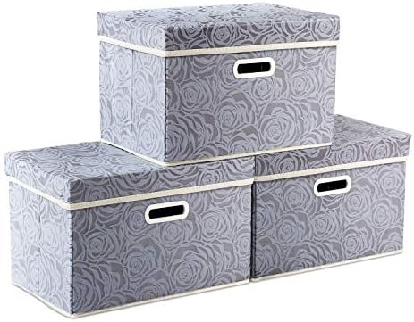 PRANDOM Collapsible Storage Boxes with Lids Fabric Decorative Storage Bins Cubes Organizer Containers Baskets with Cover Handles Divider for Bedroom Closet Living Room 14.9x9.8x9.8 Inch 3 Pack by Prandom
