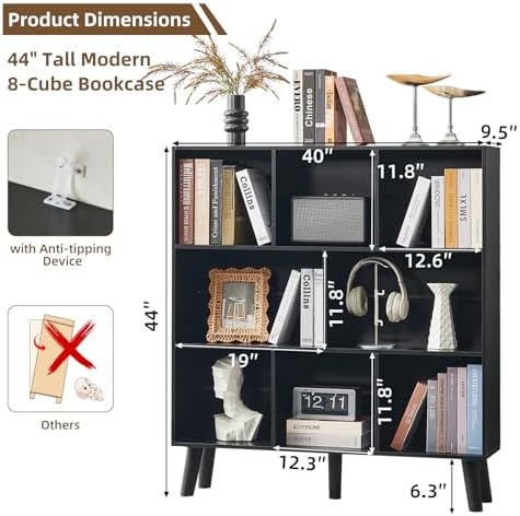 LEYAOYAO 8 Cube Bookshelf,Mid-Century Modern Book Shelf with Legs, Black - Image 2