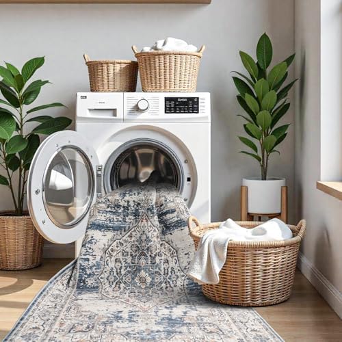 YOUFORTONG Washable Rug 3x5 Area Rugs: Soft Ultra Thin Low Pile Mat Machine Washable Indoor Doormat Lightweight Entry Rug Anti Slip Backing Rugs for Living Room Bedroom Kitchen 3'x5' Blue - Image 4