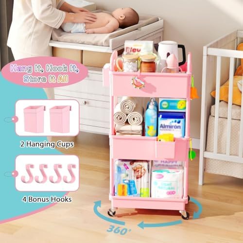 SUNALLY Baby Diaper Caddy Cart, 3 Tier Rolling Diaper Cart for Nursery,Pink - Image 4