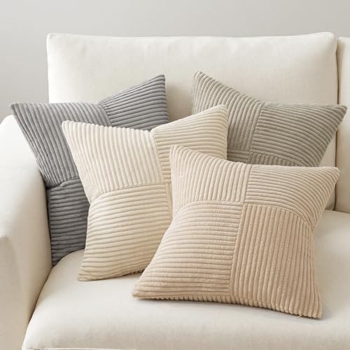 MIULEE Neutral Decorative Throw Pillow Covers 16x16 Inch Set of 4 for Livingroom Couch Sofa Modern Farmhouse Soft Corduroy Cushion Cases Striped Patchwork Home Decor (Cream,Grey) - Image 3