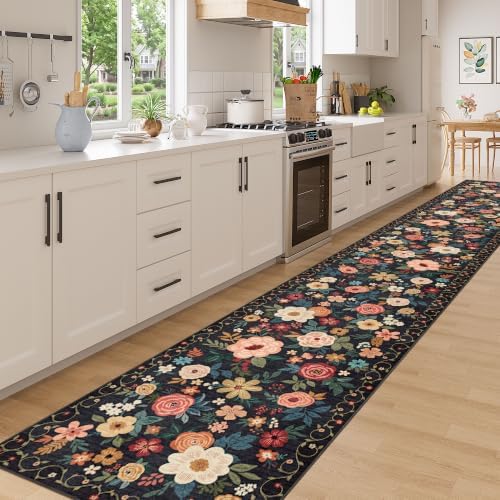 DUKINO 3x20 Runner Rug for Hallway, Floral Washable Long Runner Rug, Black - Image 3