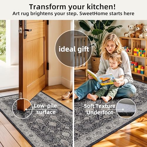 Washable 4-Piece Kitchen Floor Mats: Farmhouse Non-Slip Kitchen Sink Rug Easy Clean Water-Resistant Runners for Hallway Bathroom Soft Decorative Carpet for Pet Feeding Area(2x3+2x4+2x5+2x6,Black) - Image 6