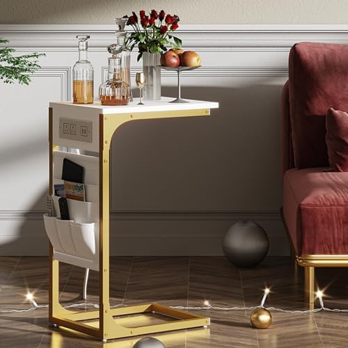 TUTOTAK C Shaped End Table with Charging Station, Side Table for Sofa - Image 2