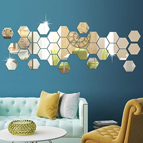 RW-103 36 PCS Acrylic Mirror Wall Stickers Hexagon Mirror Wall Decals DIY Removable 3D Geometric Hexagon Mirror Art Setting Wall Decor for Bedroom Living Room Office Kitchen Home Decoration (Silver) - Image 4
