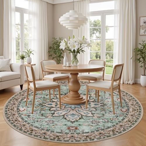 Round Area Rug for Living Room: 4ft Boho Washable Rug Brown Green - Image 3