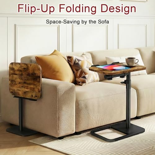 Tv Tray Table Adjustable Height Couch Side Table, Tilt Angle Adjustments-360° Swivel/180° Flip-Over Panel C-Shaped End Table With Tablet Slot, Computer Desk for Chair, Living Room (Rustic Brown) - Image 5