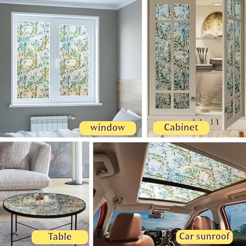 Retro Flowers Window Privacy Film, Magnolia Stained Glass Decorative Window Film for Glass, Rainbow Stained Window Cling Sticker Floral Removable Static Cling for Window (1, Green Leaves, 17x157.5in) - Image 5
