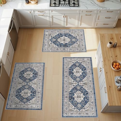 Washable 4-Piece Kitchen Floor Mats: Farmhouse Non-Slip Kitchen Sink Rug Easy Clean Water-Resistant Runners for Hallway Bathroom Soft Decorative Carpet for Pet Feeding Area(2x3+2x4+2x5+2x6,Blue) by HYHAOYUNLAI