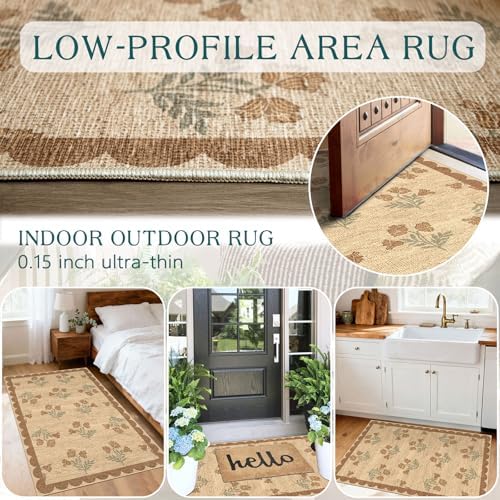 Floral Outdoor Rug - 28" x 43" Front Door Mat Indoor Outside Entrance Non-Slip Washable Outdoor Mat Jute-Look Tan Scalloped Rug for Entryway Kitchen Mudroom Layered Doormat for Front Porch - Image 5
