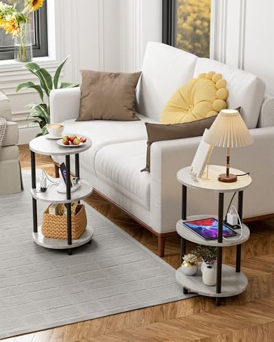 Small Round Side Table - 3-Tier Oval Accent Table for Small Spaces, Rustic Wood and Metal Nightstand for Living Room or Bedroom, Built-in USB Ports and Power Outlet, Greige - Image 6