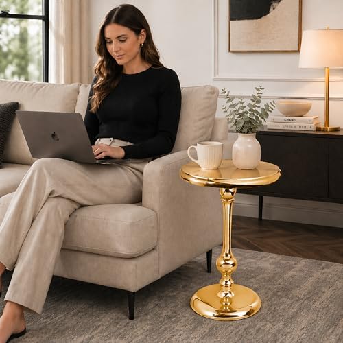 CLEENTABLE Gold Round Side Table, Metal Accent, 15" x 21" - Image 2
