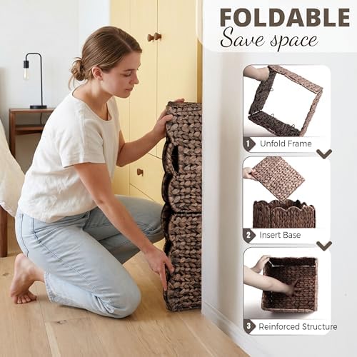 Set of 4 Foldable Scalloped Wicker Storage Cubes Basket, Storage Cube Bins -12"x12"x12", Collapsible Cube Organizers, Water Hyacinth Woven Bins for Bathroom, Bedroom, Shelves,...(Espresso Color) - Image 6