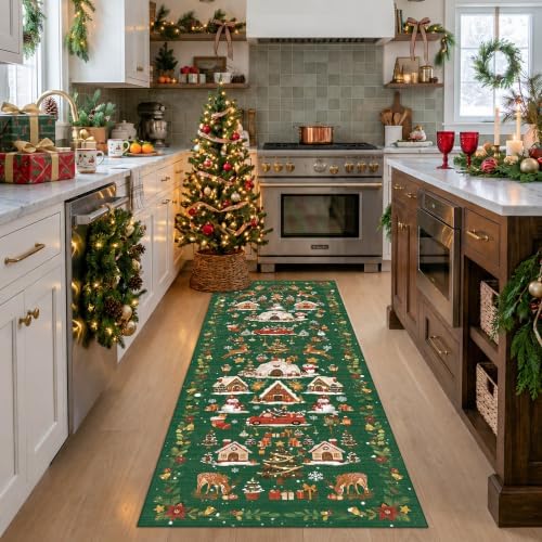 2x5 Christmas Runner Rug for Hallway - Washable Thin Kitchen Rug Runner Non Slip Low Pile Water Resistant Floor Mat for Entryway Laundry Bathroom Soft Bedroom Carpet （2x5,Green） by HYHAOYUNLAI