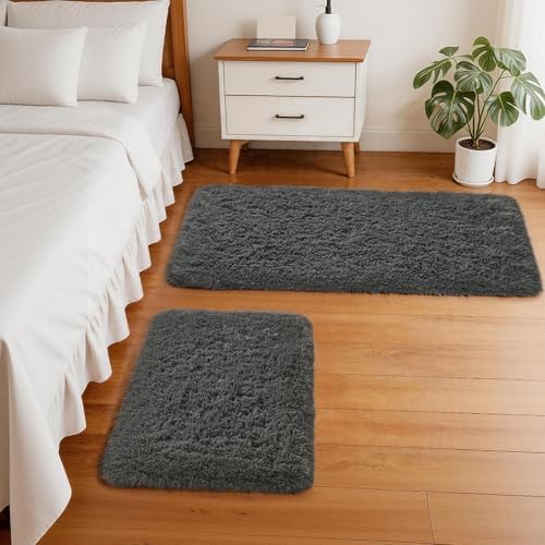 Ophanie Small Rug Washable Non Slip Throw Bedside Area Rugs, Fluffy Soft Mini Bedroom Carpet, 1.5x2.5 and 1.5x4 Rug Set, 2 Piece Grey by Ophanie