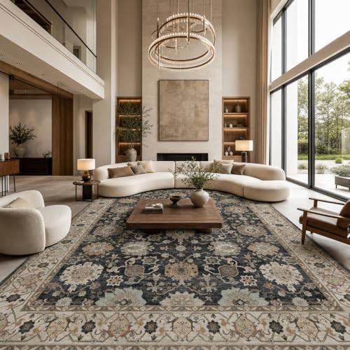 AMADA HOMEFURNISHING 9x12 Area Rug for Living Room, Vintage Washable Area Rug Low-Pile & Non-Slip Carpet for Bedroom Dining Room Nursery Home Office, Black/Brown - Image 3