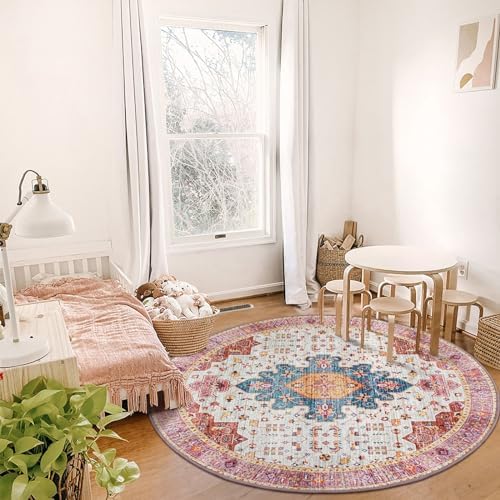 Moynesa Ultra-Thin Washable Round Rug - 6ft Pink Large Living Room Circle Area Rugs, Vintage Dining Room Mat Stain Resistant Nursery Carpet for Bedroom Mudroom Kitchen Apartment Home Office - Image 7