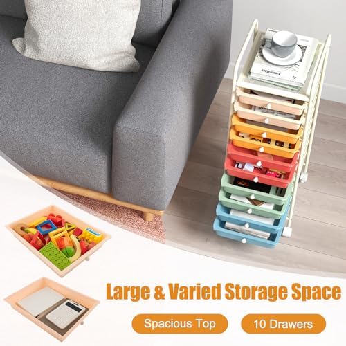 MEDIMALL 10 Drawers Rolling Storage Cart, Multipurpose Craft Storage Cart with Wheels, Mobile Tools Scrapbook Paper Organizer Cart for Office School Home Use - Image 4